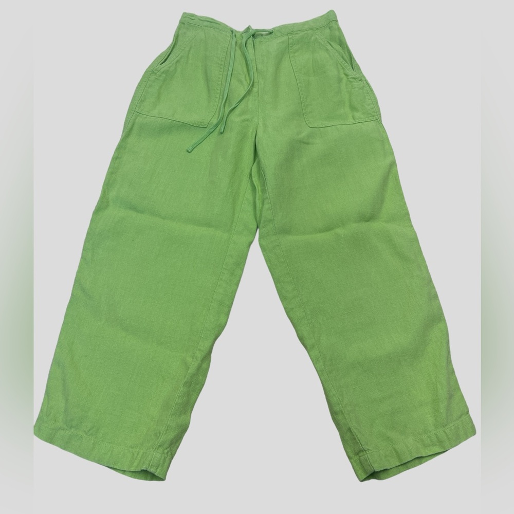 TALBOTS 100% Irish Linen Capri Pants Drawstring Front Back Pockets Green Women 2